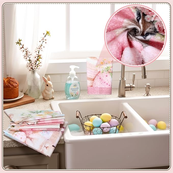 36 Pcs Easter Reusable Paper Towels Rolls Washable Bulk Easter Rabbit Bunny Kitchen Towels Paperless Reusable Cloth Cotton Napkins with Cardboard for Kitchen Bathroom