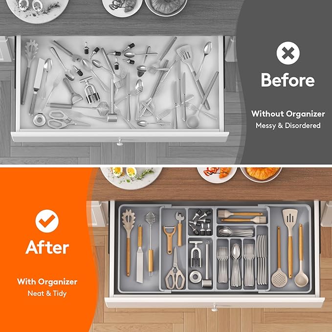 Lifewit Large Silverware Drawer Organizer, Plastic Cooking Utensil Tray for Kitchen, Expandable From 21 to 36 Inches, Adjustable Flatware Cutlery Spoon Fork Knife Spatula Gadgets Holder, Gray