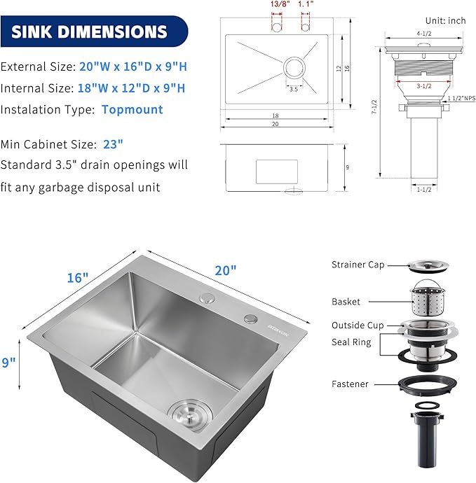 Kitchen Sink 20x16 Topmount Single Bowl Drop-in Sinks 304 Stainless Steel Handmade Home Bar Outdoor RV Sinks Brushed