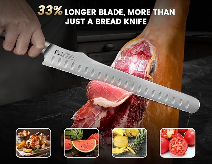 Bread Knife for Homemade Bread, 10.6 Inch Multifunction Serrated Knife, Razor Sharp Slicer, Forged High Carbon German Steel, Full Tang Ergonomic Handle Design for Sourdough Turkey Fruit