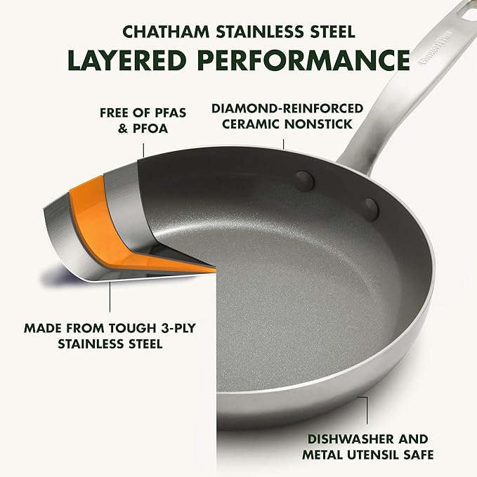 GreenPan Chatham Tri-Ply Stainless Steel 12 Piece Cookware Pots and Pans Set, PFOA and PFAS-Free, Multi Clad, Induction, Fry Saute Sauce Pans, Stock Pot, Dishwasher Safe, Oven & Broiler Safe, Silver