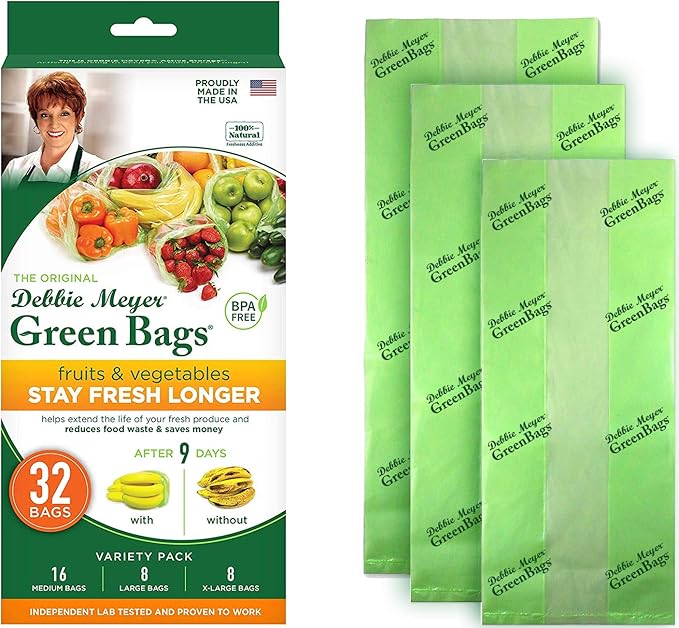 Debbie Meyer, GreenBags 32-Pack (16M, 8L, 8XL) | Reusable Storage Bags Keeps Fruit, Vegetables, Produce, Cut Flowers Fresh Longer, Kitchen & Fridge Preservation Solution, BPA Free, Made in the USA