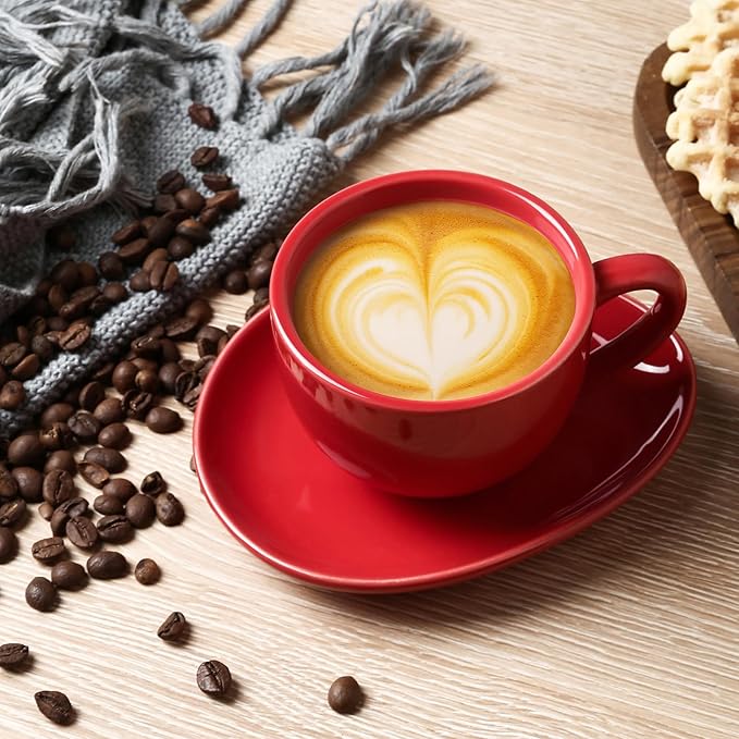 vicrays 6.5 oz Cappuccino Cups with Saucers, Set of 4, Ceramic Coffee Cup for Au Lait, Double shot, Latte, Cafe Mocha, Tea (Red)