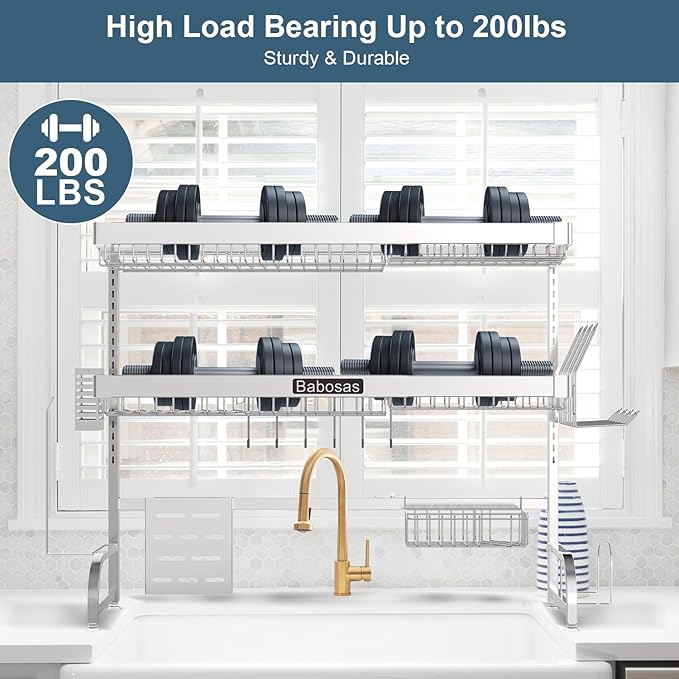 Over The Sink Dish Drying Rack,3 Tier Adjustable Length (25.5'' to 37.4'') Full Stainless Steel Large Storage Kitchen Dish Rack,For Kitchen Counter Expandable Multifunctional Organizers,Silver