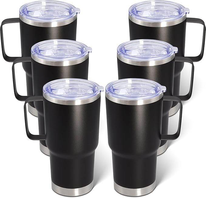 20 oz Tumbler with Handle and Lid, Stainless Steel Tumbler Insulated Travel Coffee Mug, Spill Proof Double Wall Vacuum Tumbler Cup Keep Drink Hot & Cold, Black, 6 Pack