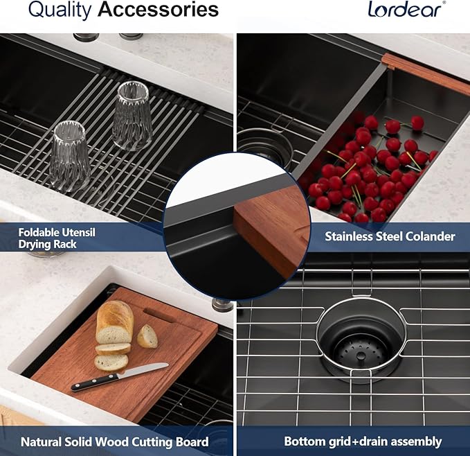 Lordear 33 Undermount Kitchen Sink Matte Black 33X19 Inch Sinks Ledge Workstation16 Gauge Stainless Steel Single Bowl Under Counter Kitchen Sink Basin with Built- in Accessories