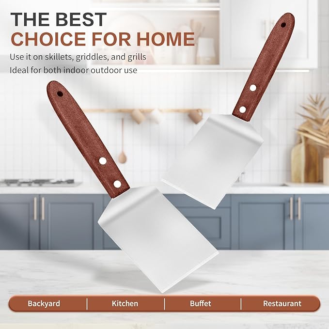 2 Pieces Small Brownie Cookie Spatula for Baking Set - Small Spatula Stainless Steel with Wooden Handle, Heavy Duty Kitchen Baking Scraper ScraperTurner for Chef Cooking (2.5x8.2)