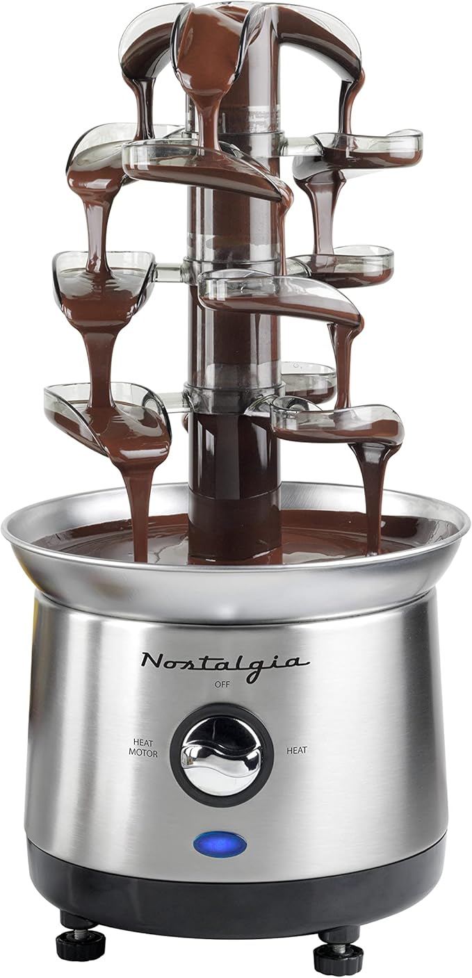 Nostalgia 4 Tier Electric Chocolate Fondue Fountain Machine for Parties - Melts Cheese, Queso, Candy, and Liqueur - Dip Strawberries, Apple Wedges, Vegetables, and More - 32-Ounce - Stainless Steel