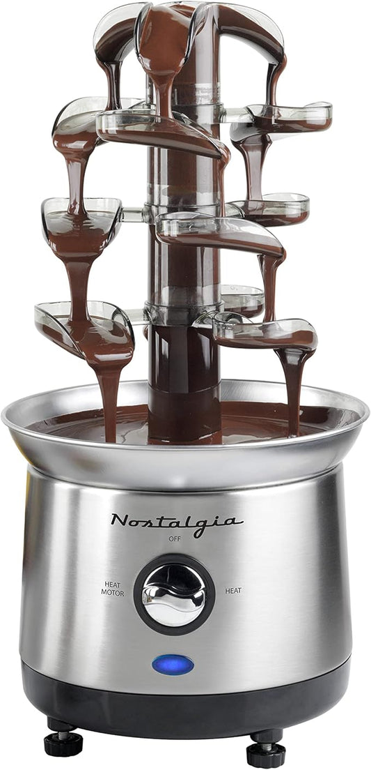 Nostalgia 4 Tier Electric Chocolate Fondue Fountain Machine for Parties - Melts Cheese, Queso, Candy, and Liqueur - Dip Strawberries, Apple Wedges, Vegetables, and More - 32-Ounce - Stainless Steel