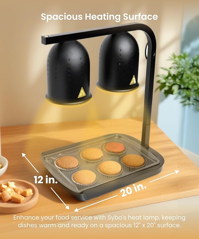 SYBO DL2112 Commercial Grade Food Heat Lamp, Portable Electric Food Warmer, 2-Bulb 500W with Free-Standing, Black