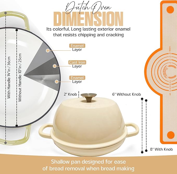 Enameled Cast Iron Dutch Oven Pot with Lid - Dutch Oven for Sourdough Bread Baking - With 5 Blade Bread Lame & Non-Stick Silicone Sling perfect for Sourdough Breads & more. Cast Iton Enamel Braiser Pan with Lid (WHITE, 6 Quart Sourdough Pot)