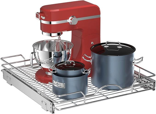 OCG Pull Out Cabinet Organizer (21" W x 21" D), Pull out Shelves 1 Tier, Cabinet Slide Out Shelves for Base Cabinet Organization in Kitchen Bathroom Pantry, Bottom Mount, Chrome Finish