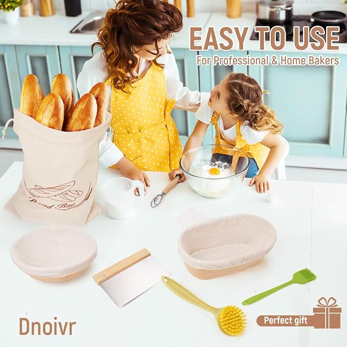 Sourdough Bread Kit - 9" & 10" Banneton Baskets, Bread Lame, Dough Scraper, Silicone Sling - Artisan No-Knead & Dutch Oven Baking Starter Set (Set 1)