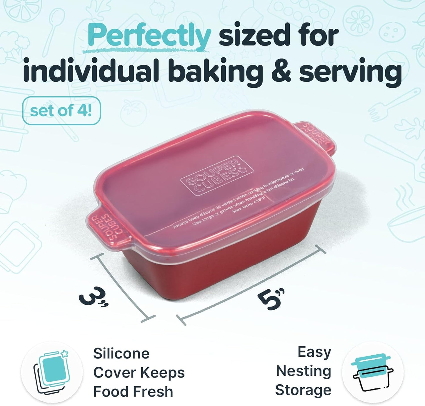 Souper Cubes Stoneware - Small Ceramic 5" x 3" Baking Dish with Silicone Covers, Small Baking Dishes for Oven Perfect for Reheating Single Serve Portions, Set of 4 - Cranberry