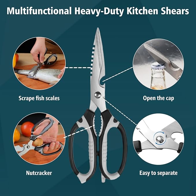 Kitchen Scissors, 9-Inch Heavy Duty Multipurpose Food Cutting Shears, Detachable Dishwasher Safe, Sharp Serrated Blade, Ergonomic Non-Slip Handle for Food, Meat, Herbs, Black