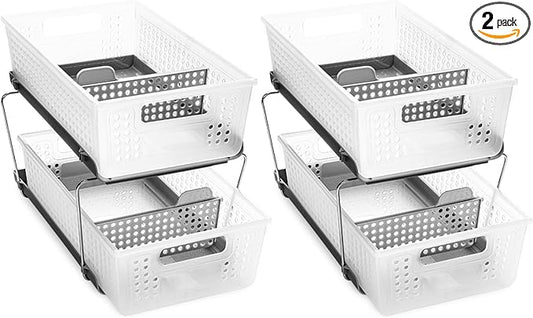madesmart Stackable 2-Tier Organizer, 2 Pack, Multi-Purpose Slide-Out Storage with Extra Set of Legs, Handles and Dividers for Home and Bath, BPA Free, Frost 2 PACK