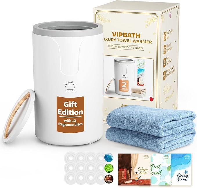 20L Luxury Towel Warmer Gift-Ready Box, Dual Heat, 30/60/90 Min Presets, Stainless Steel Interior, Tip-Over Auto Shut-Off, Includes 12 Fragrance Discs, Perfect Spa Gift for Home & Bathroom
