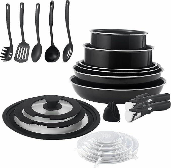 23 Pieces Non-Stick Cookware Set,Stackable Pans and Pots Set with Removable Handles, Space Efficient for RVs and Camping,Oven,Induction,Gas,Electric & Stovetops,Dishwasher Safe