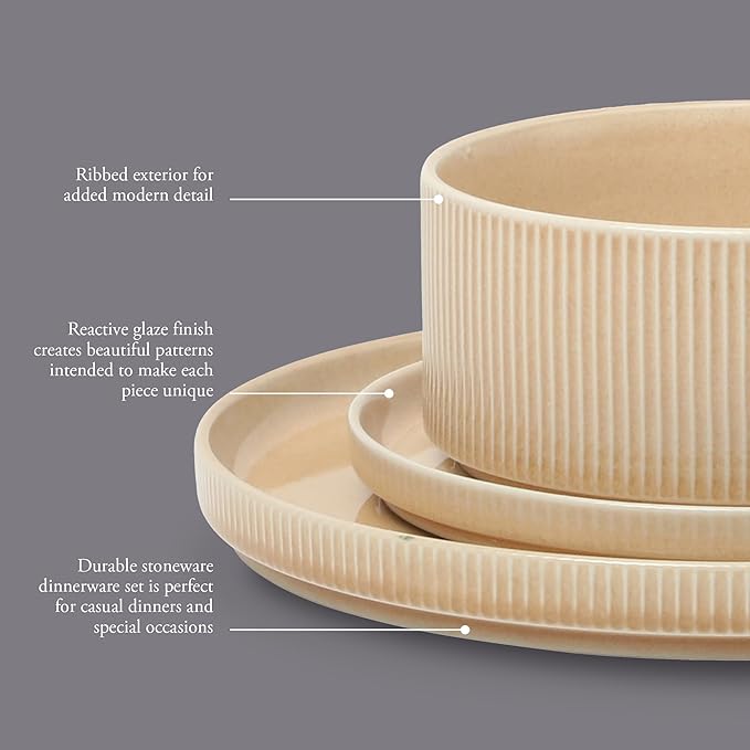 Gibson Elite Solana Coast 12 Piece Stoneware Reactive Glaze (Service for 4) Ceramic Plates and Bowls Modern Shape Embossed Dinnerware Set - Terracotta Orange