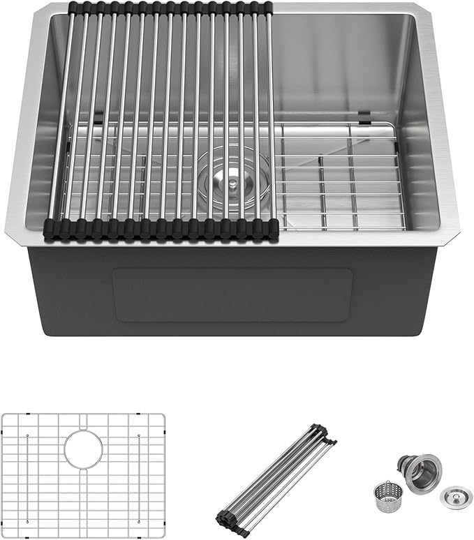 Mocoloo 23 Inch Undermount Kitchen Sink - 23x18 Inch Stainless Steel Kitchen Sink Under Mount 16 Gauge Single Bowl Handmade Basin, 10 Inch Deep