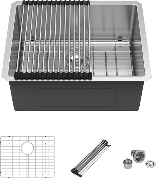 Mocoloo 23 Inch Undermount Kitchen Sink - 23x18 Inch Stainless Steel Kitchen Sink Under Mount 16 Gauge Single Bowl Handmade Basin, 10 Inch Deep