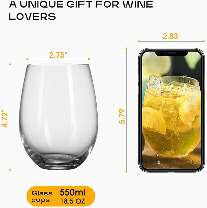 Stemless Wine Glasses Set of 6,Hand Blown Red Wine Glasses,Crystal Drinking Glasses Clear Glass Wine Tumbler,18.5oz