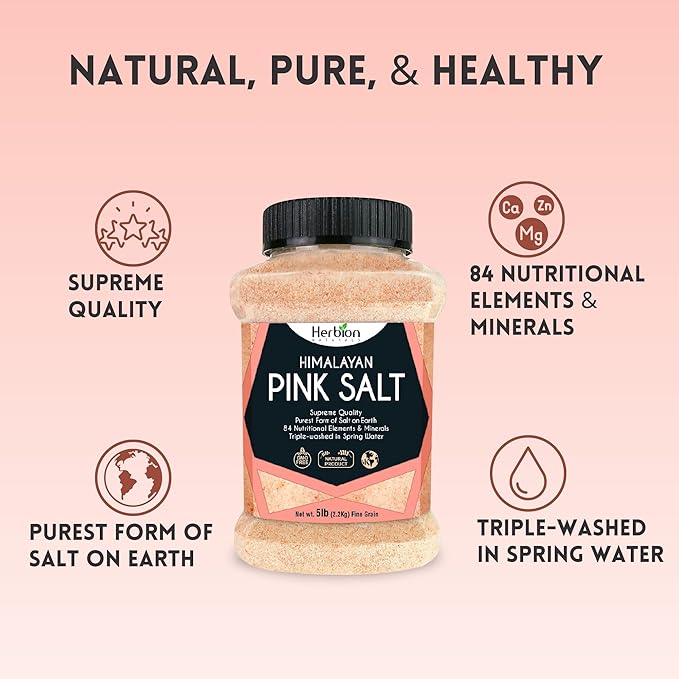 HERBION Naturals Himalayan Pink Salt Jar Fine Grain, GMO Free, Supreme Quality Chemical Free, Vegan, Kosher Certified, Fine Grain All Natural Salt, Triple Washed in Spring Water, 5 lbs