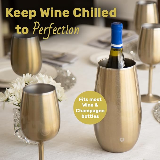 SNOWFOX Premium Vacuum Insulated, Triple Walled, Stainless Steel Wine Chiller w/Optimal fit to keep wine cold longer. Fits most Wine and Champagne Bottles. Non-Slip Silicon Base, Steel