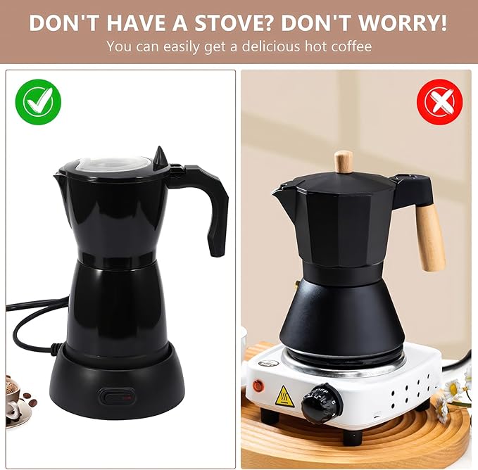 AOZBZ Coffee Pot Electric Espresso Coffe Maker, 300ml 6 Cups Stainless Steel Moka Pot with Overheat Protection and Detachable Base, Portable Italian Moka Maker, 450W, Black