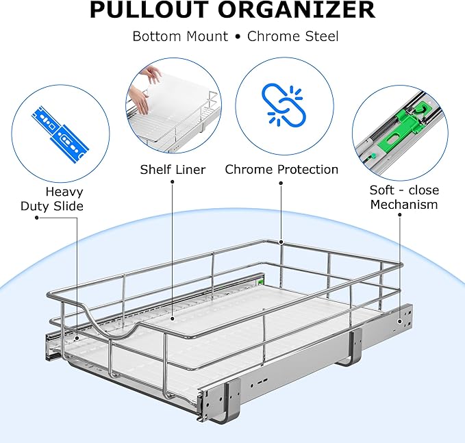 WelFurGeer Soft Close Slide Out Cabinet Shelf, 23" W x 22" D Pull Out Drawers for Kitchen Cabinets, Kitchen Shelf Organizer, Cupboard Organizers and Storage, Under Cabinet Pull Out Shelves