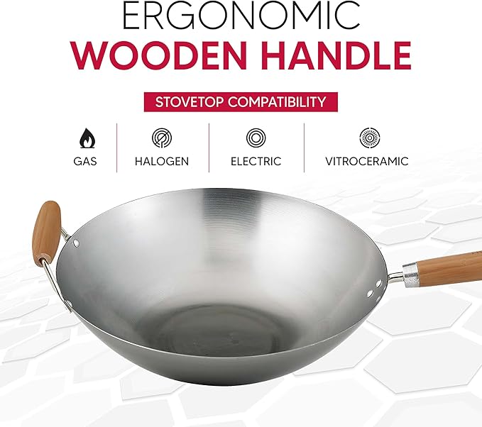 Helen's Asian Kitchen Wok, Carbon Steel and Bamboo, 14-Inches
