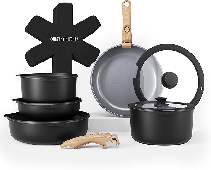 Country Kitchen Cookware Set with Removable Handle, Oven & RV Safe Pots and Pans Set, Black/Grey Wood Handle, Original