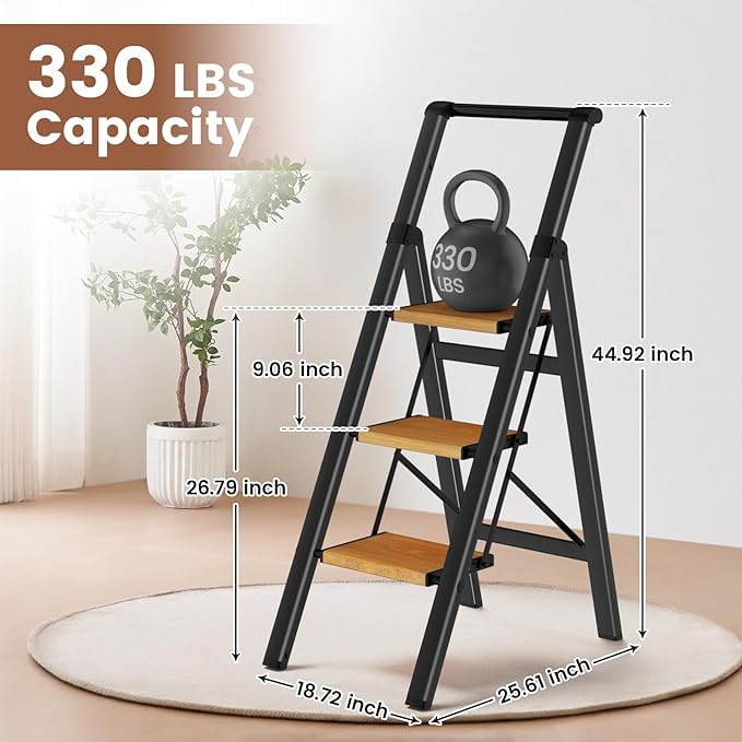 3 Step Ladder with Handrails, Portable Step Stool Foldable, Kitchen Step Stool for Adults 330 lbs, Lightweight Stepping Stool with Non-Slip Pedals, Aluminum Folding Stepladder for Home Garage