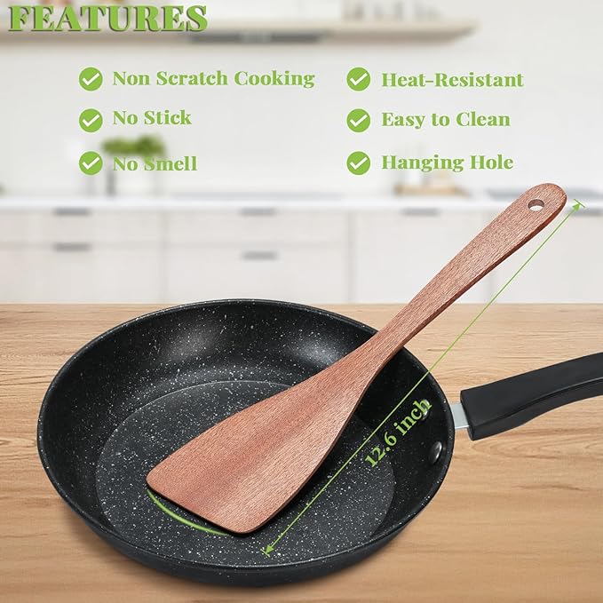 3Pcs Wooden Spatulas, 12inch Long Handle Flat Spatula Set for Nonstick Pans, Multipurpose Wooden Spoons for Cooking, Wood Cooking Utensil for Frying, Flipping, Scraping, and Turning