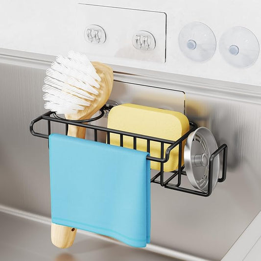 HapiRm 4 in 1 Adhesive Sponge Holder Sink Caddy, SUS304 Stainless Steel Brush Holder + Dish Cloth Hanger + Soap Rack + Sink Stopper Rack, No Drill Kitchen Sponge Caddy - Black