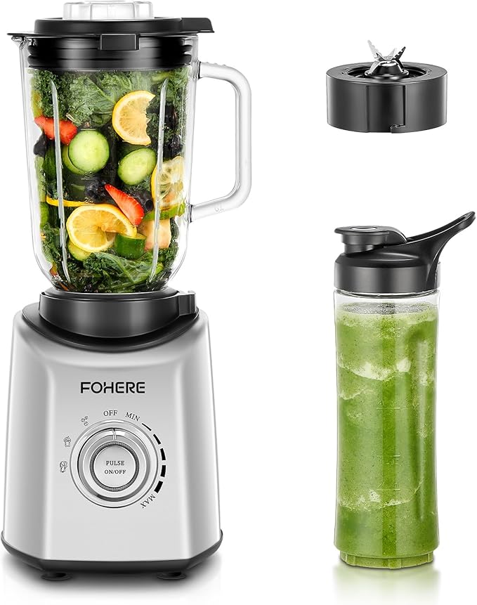 FOHERE Professional Blender Peak 1200W, Countertop Blender with 3 Presets＆ 5 Speeds for Smoothies, Shakes, and Frozen Drinks, 50 Oz Glass Jar ＆20 Oz Tritan Jug