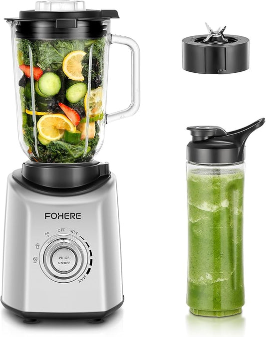 FOHERE Professional Blender Peak 1200W, Countertop Blender with 3 Presets＆ 5 Speeds for Smoothies, Shakes, and Frozen Drinks, 50 Oz Glass Jar ＆20 Oz Tritan Jug