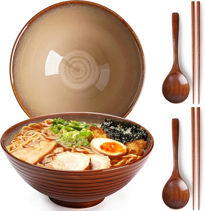 NUTRIUPS 8 Inch Ceramic Ramen Bowl Set of 2 Pho Bowls 40oz Japanese Noodle Udon Soup Bowls with Spoons and Chopsticks (Sunbaked Clay)