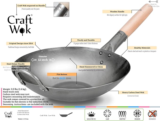Craft Wok Flat Hand Hammered Carbon Steel Pow Wok with Wooden and Steel Helper Handle (12 Inch, Flat Bottom) / 731W316-12in