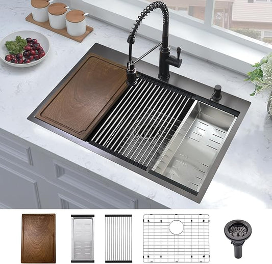 33 Black Drop in Kitchen Sink, 33 x 19 Inch Black Stainless Steel Kitchen Sink Single Bowl 16 Gauge Workstation Top Mount Deep Basin