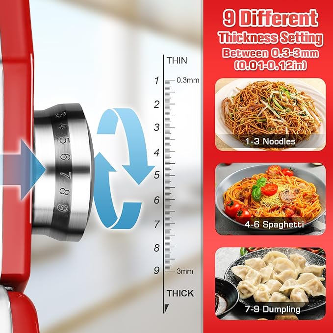 Sailnovo Pasta Maker Machine, 180 Roller Pasta Maker, 9 Adjustable Thickness Settings 2-in-1 Noodles Maker with Rollers and Cutter, Perfect for Spaghetti, Fettuccini, Lasagna or Dumpling Skin Red