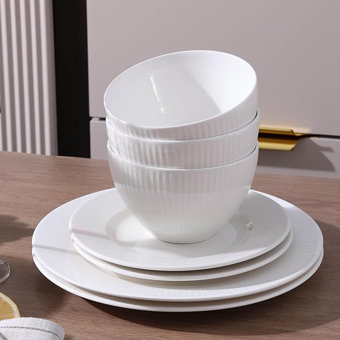16 Pcs White Dinnerware Sets for 4, Ceramic Plates and Bowls Sets with Mugs, Dishwasher and Microwave Safe - Embossed Stripe Decro, Elegant Kitchen Dish Sets, QOMO-1996