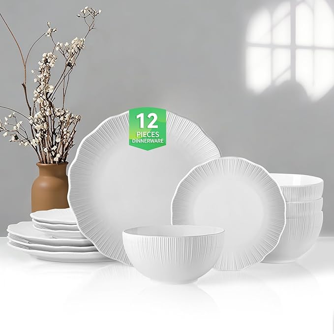 12 Pcs Porcelain Dinnerware Sets for 4, Ceramic Plates and Bowls Sets with Embossment, Oven, Dishwasher and Microwave Safe - Scratch Resistant Dish Set, QOMO-1996