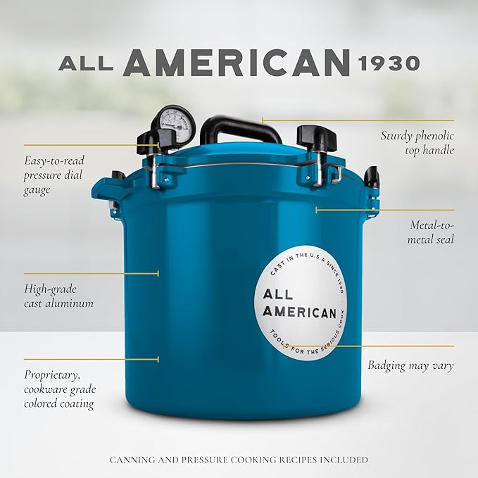 All American 1930-21.5qt Pressure Cooker/Canner (The 921), Berry Blue - Exclusive Metal-to-Metal Sealing System - Suitable for Gas, Electric, or Flat Top Stoves - Made in the USA