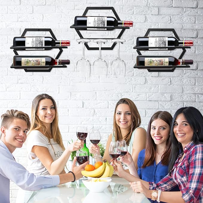 2Pcs Wall Mounted Wine Bottle Stemware Rack, Metal Hanging Wine Display Holder with 3 Stemware Glass Organizer, Red Wine Racks for Home Kitchen Bar Decor (Black) (A2)