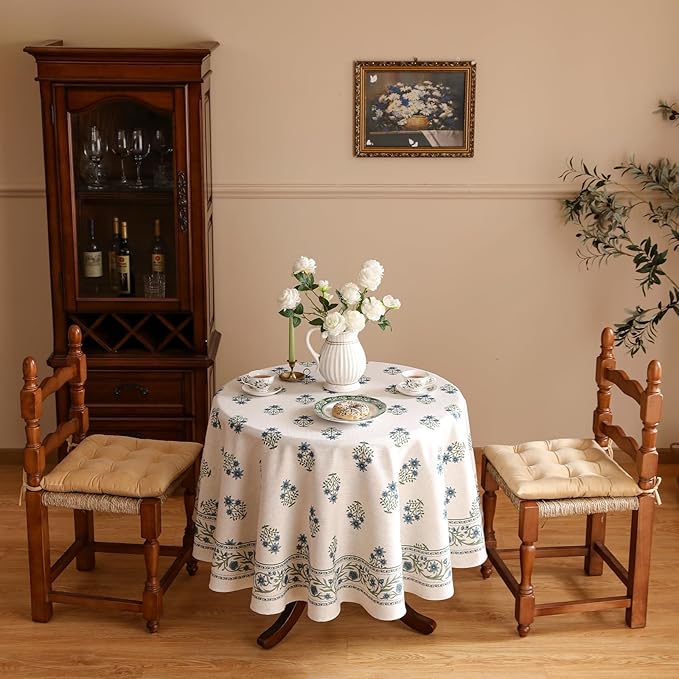 Floral Tablecloth for Round Tables,Linen Table Cloth with Blue Flowers and Green Leaves Pattern,Heavy Durable Table Cover for Dining Kitchen Decor Party Christmas,Diameter 55"