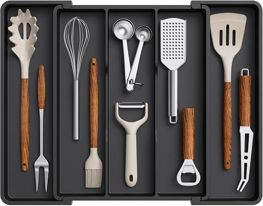 Lifewit Cooking Utensil Drawer Organizer, Expandable from 11 to 18 inches, Adjustable Cutlery Silverware Tray, Plastic Flatware Spatula Holder, Kitchen Tools Gadgets Storage Divider, Black