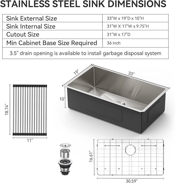Lordear 33 Undermount Kitchen Sink 33x19x10 Inch Stainless Steel Single Bowl Kitchen Sinks Round Corner 16 Gauge Handmade Under Counter Sinks Basin