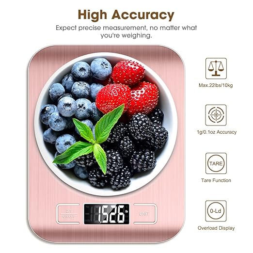 Mik-Nana Food Scale Pink, 10kg/22lb Digital Kitchen Scale Weight Grams and Oz for Baking and Cooking, 1g/0.1oz Precise Graduation, Easy Clean Stainless Steel
