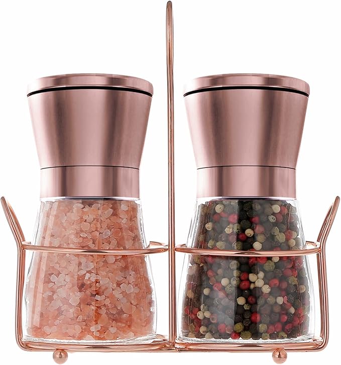 Copper Stainless Steel Salt and Pepper Grinder Set Manual Himalayan Pink Salt Mill|Salt and Pepper Shakers with Adjustable Coarseness and Clear Glass Body (Pack of 2) (SHORT)